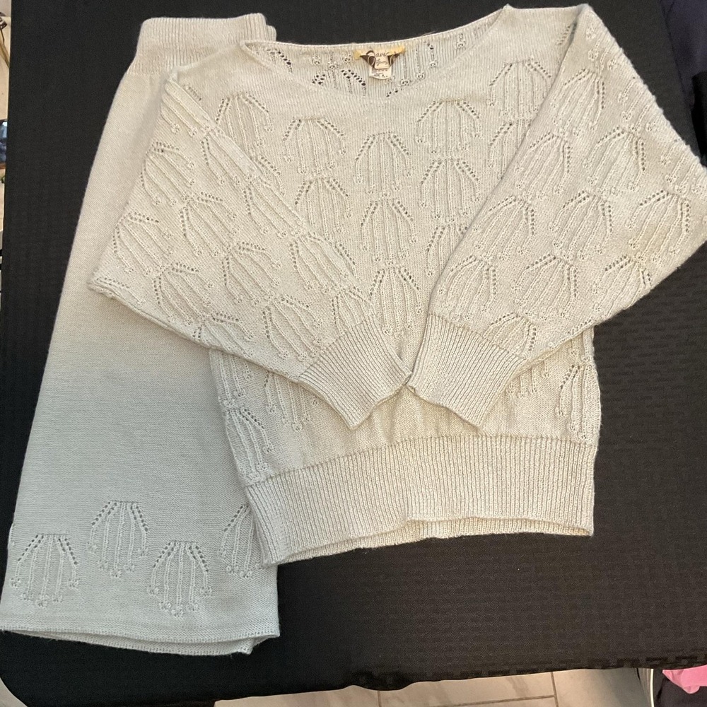 Vintage Savion Sweater Skirt Set Womens 8 Cream Eyelet Knit USA 2 Piece Outfit
